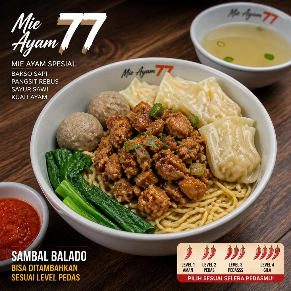 Mie Ayam 77 Es Teler 77 dengan bakso sapi dan pangsit rebus